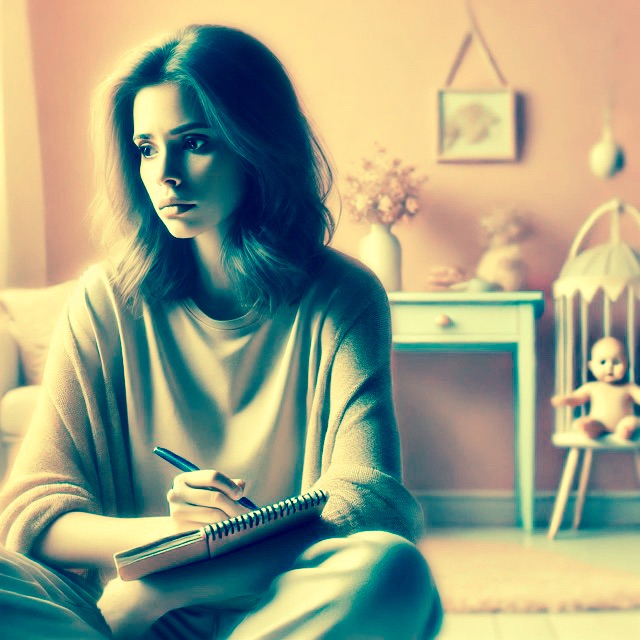 Egy fiatal nő ül egy pasztell árnyalatú, meghitt szobában, kezében egy jegyzetfüzettel és tollal. Gondterhelt, mégis eltökélt arccal néz maga elé, mintha a gondolatait próbálná rendszerezni. Az arcán fáradtság, de elszántság is tükröződik. Mögötte egy babaágy és egy játékokkal teli polc látható, az egyik széken egy plüssmackó pihen. A meleg, aranyló fény betölti a szobát, barátságos, de kissé melankolikus hangulatot teremtve.