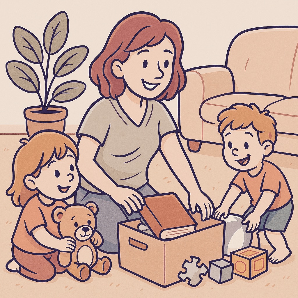 Egy ADHD-s anya boldogan pakol a nappaliban, miközben a gyerekek segítenek neki elpakolni a játékokat és könyveket, tükrözve a pozitív családi dinamikát és a rendszert.