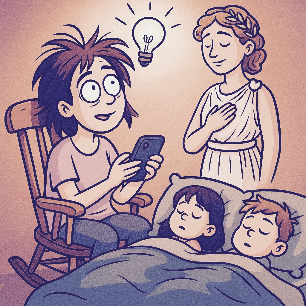 Egy ADHD-s anya esti pillanata: miközben a gyerekek már alszanak, ő ötleteket keres. A háttérben egy szimbolikus nőalak és egy világító villanykörte jelenik meg, az ihlet forrásaként.