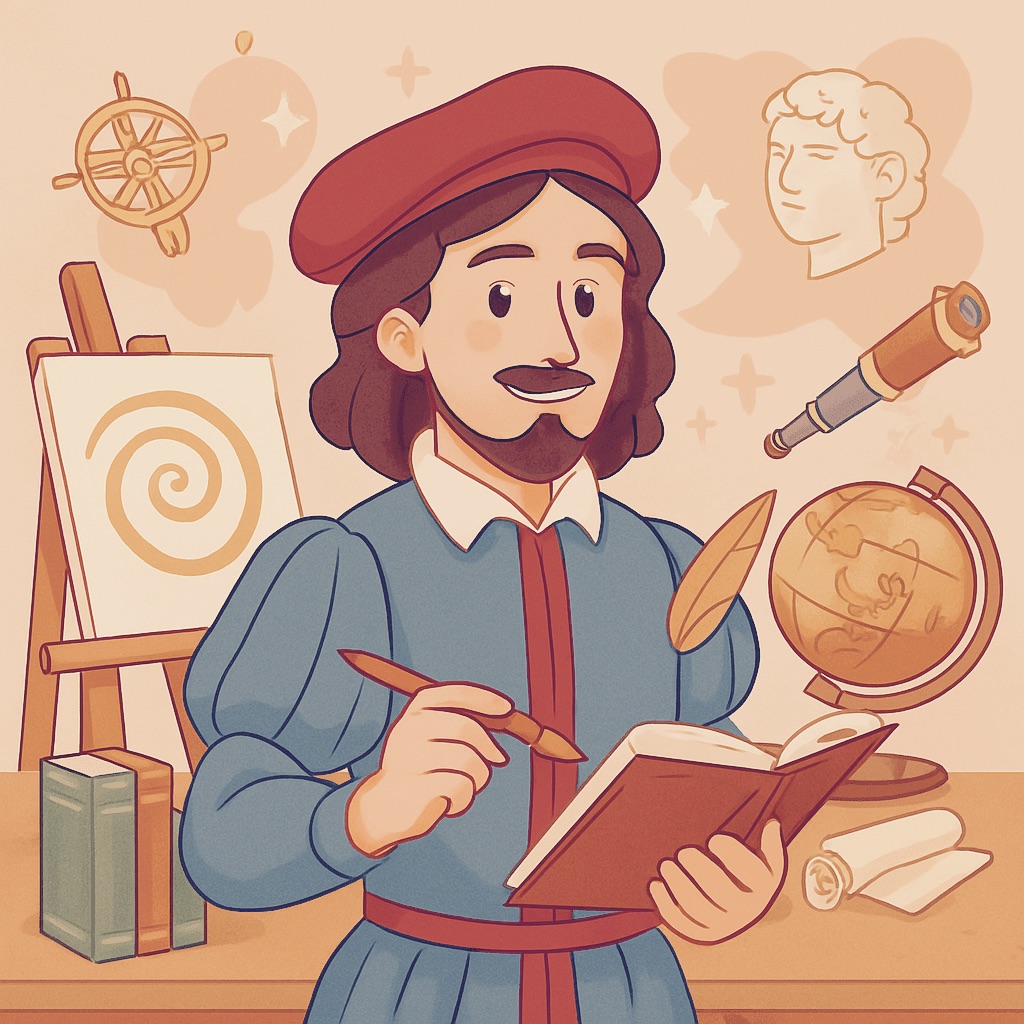 A kép egy reneszánsz személyt ábrázol, aki művészetekkel és tudományokkal foglalkozik, szimbolizálva a neurodivergens emberek sokszínű érdeklődését és kreativitását.