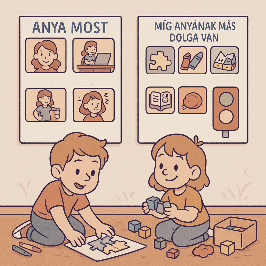 Gyerekek játszanak, miközben anya dolgozik. A ‘Míg anya dolgozik’ képes tábla segít nekik, hogy szórakoztató feladatokkal töltsék az idejüket, míg anya a napi teendőit végzi. Az ‘Anya Most’ tábla segít nekik tudni, hogy anya éppen mit csinál.