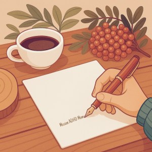 Egy ADHD-s Anya Valósága. Egy kéz, amely éppen az ‘Mission ADHD Mom’ feliratot írja egy papírlapra, mellettük egy csésze kávé és növények. Az illusztráció a kreatív alkotás folyamatát szimbolizálja.