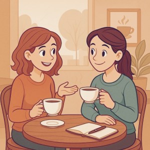 Egy ADHD-s Anya Valósága. Két nő kávézik és beszélget, miközben egy asztalon egy kávéscsésze és jegyzetek láthatóak. Az illusztráció arra vonatkozik, hogy milyen kulcsszavak olvashatók az “Amiről már beszéltünk” szövegfelhőben, azaz eddig mikől esett szó az oldalon.