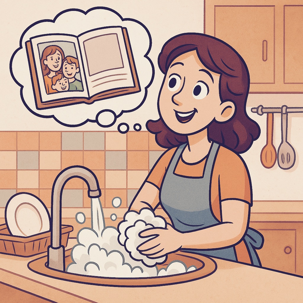 Egy ADHD-s Anyát mosogatás közben elkapja az ihlet. A képen az anya látható a konyhában, ahogy mosogat és a gondolat buborékban megjelenik egy fotó album.