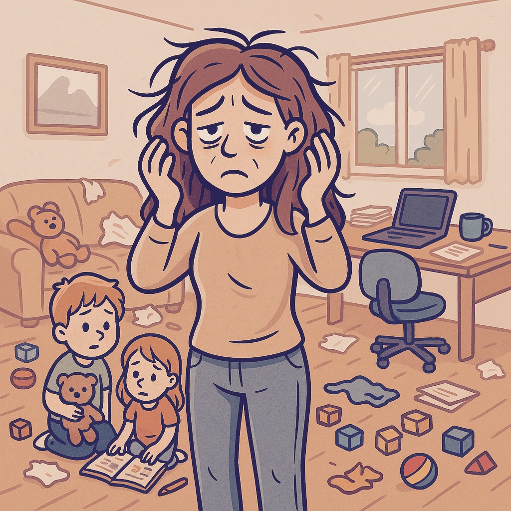 Kiégett és depressziós ADHD-s anya áll a nappali közepén, elveszettnek tűnik a napi teendők között, a háttérben gyerekek és rendetlenség.