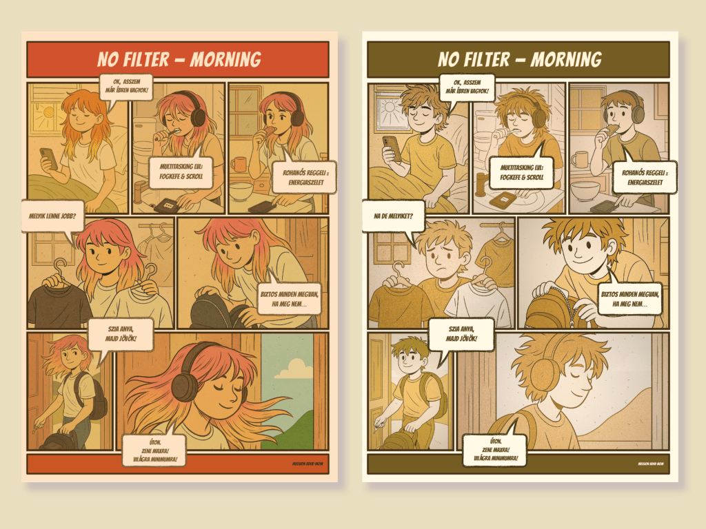 Képregényszerű poszter kamasz fiú és lány reggeli rutinjáról, vintage stílusban.