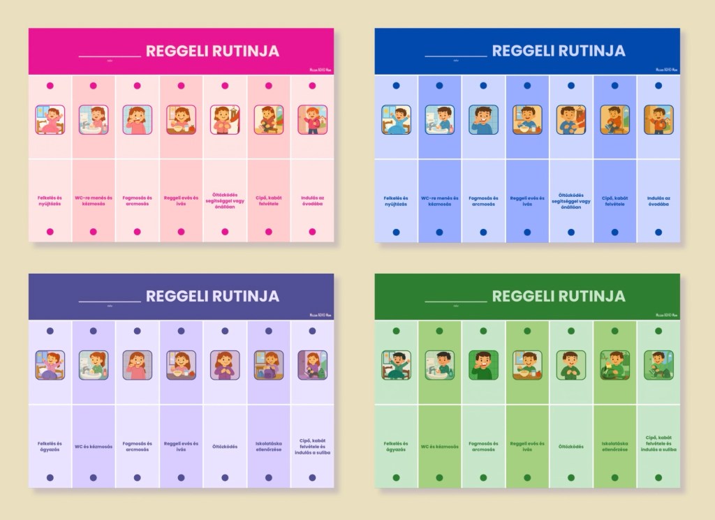 Négyféle színes reggeli rutin tábla gyerekeknek, külön verzióban lányoknak és fiúknak, óvodás és alsós korosztály számára.