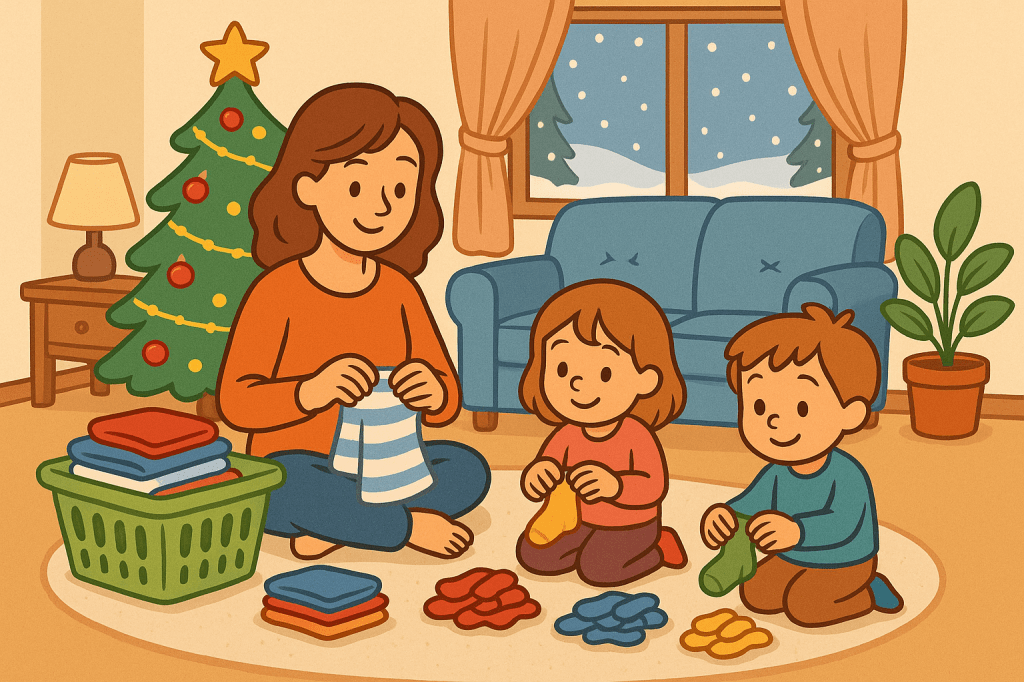 Anya a földön ülve hajtogatja a tiszta ruhákat, miközben két kisgyerek szín szerint kupacol zoknikat egy karácsonyi hangulatú nappaliban.